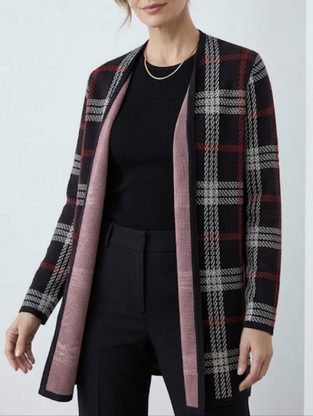 Croft & Barrow Open Cardigan Womens 1X Black White Red Plaid Long Sleeve Sweater